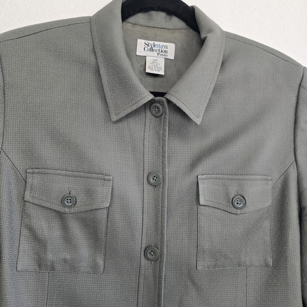 Women's Vintage100% Silk Blazer Army Green Size 12P Pockets Preppy Collared - Picture 3 of 13